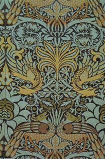 Peacock and dragon woven wool furnishing fabric 1878